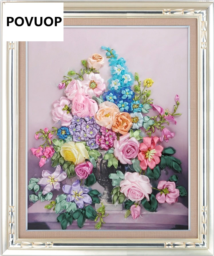 

POVUOP New arrival ribbon embroidery 60X50cm fashion flower 3d print cross stitch paintings