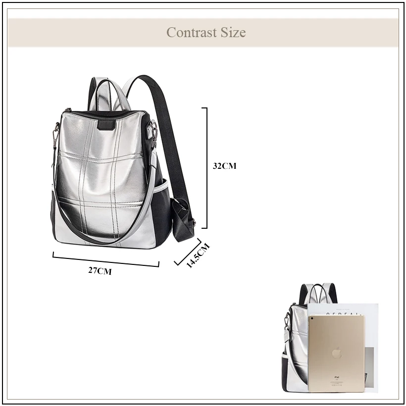 AVRO MODA женский рюкзак искусственная кожа, рюкзаки для подростков, сумка школьная сумка через плечо, женские дорожные сумки через плечо, серебристые