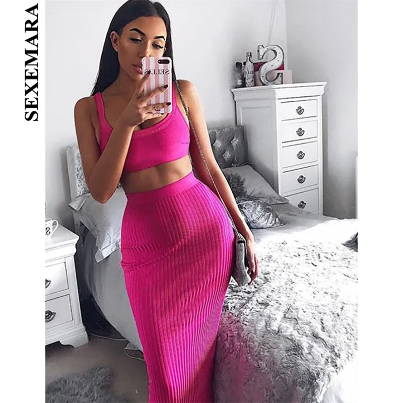 BOOFEENAA Pink Womens Knitted Two Piece Sets Crop Top and Skirt High ...
