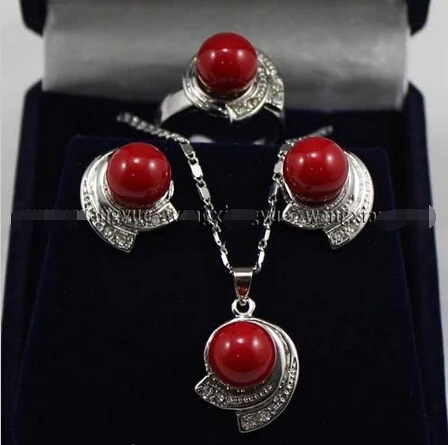 

Red South Sea Shell Pearl Earring Ring & Necklace Pendant Set^^^@^Noble style Natural Fine jewe FREE SHIPPING