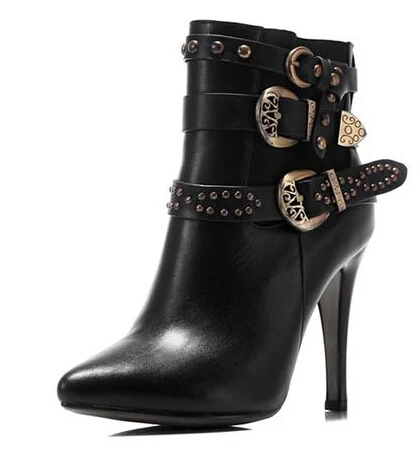 

Women Genuine Leather Thin High Heel Side Zipper Pointed Toe Rivets Buckle Autumn Winter Fashion Martin Boots 34-39 SXQ0812