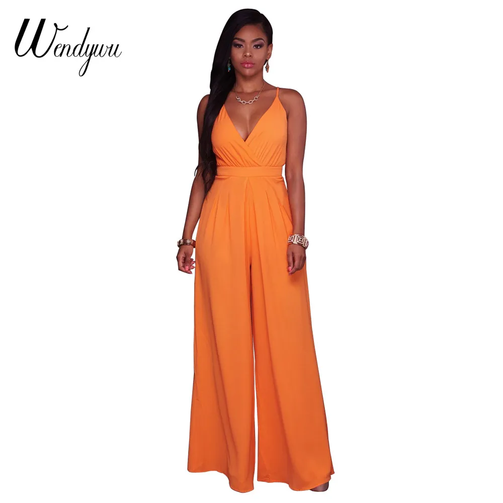 

Wendywu Wide Leg Elegant Deep V-Neck Spaghetti Strap Overalls Orange Long Jumpsuit for Women