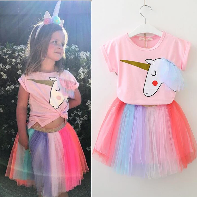 

Girl Dress 2018 New Summer Casual Cartoon Unicorn Children Kids Pink T Shirts Rainbow Tutu Dress 2Pcs Clothes Set For 2-6Years