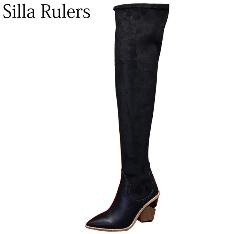 

Silla Rulers 2018 New Stretch Fabric Over The Knee Boots Women Pointed Toe Spike Heels Real Leather Women's Boots Lean Leg Boots