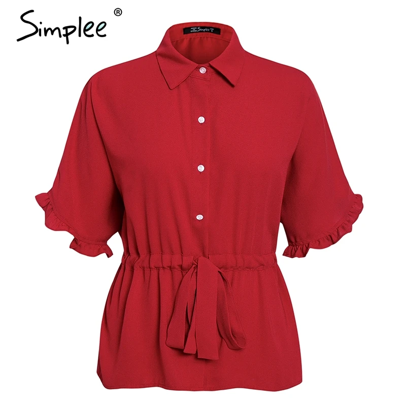 Женская блузка Simplee с рюшами, женская повседневная свободная рубашка с отложным воротником, красного цвета с коротким рукавом и поясом, деловые однотонные топы, блузки - Цвет: Бургундия