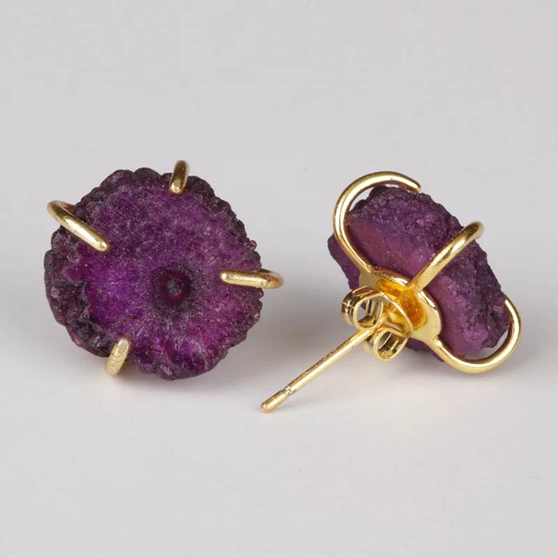 

thick violet purple natural solor druzy drusy stone slice semi precious stone bead charm gold stud earring for women unisex