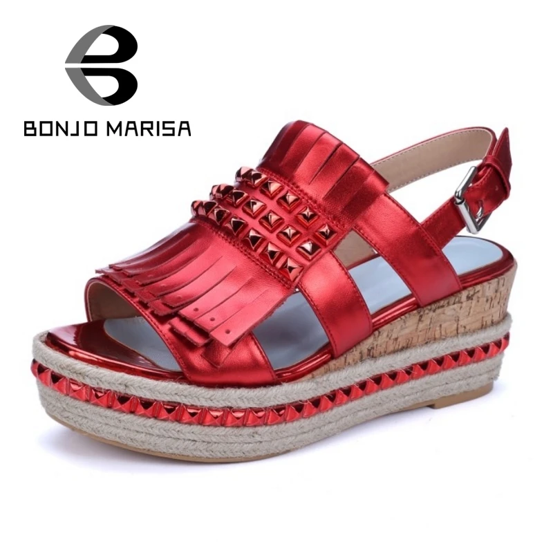 BONJOMARISA New Genuine Leather Summer Shoes Woman Straw Wood Line Wedge High Heels Open Toe Platform Sandals