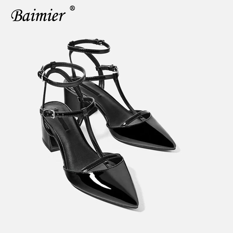 Baimier/Летние черные женские сандалии на высоком каблуке Кожаные гладиаторы с