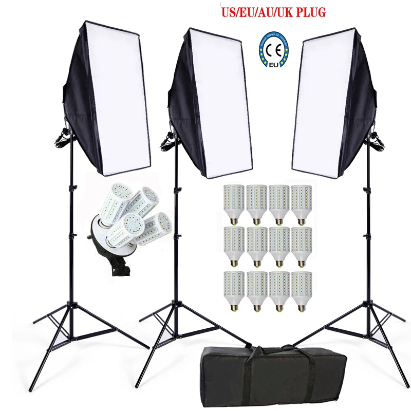 

12PS 60W Photography Lighting Kit Continuous Lighting Camera Photo Video 3 light stand 3 lamp holder 3 softbox 1pc carrying bag