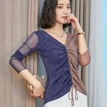 Осень Длинные рукава с v-образным вырезом на шнуровке сетки футболки женские офисные блестящей сетки футболки женские блестящие на шнуровке пуловеры с сетчатой вставкой