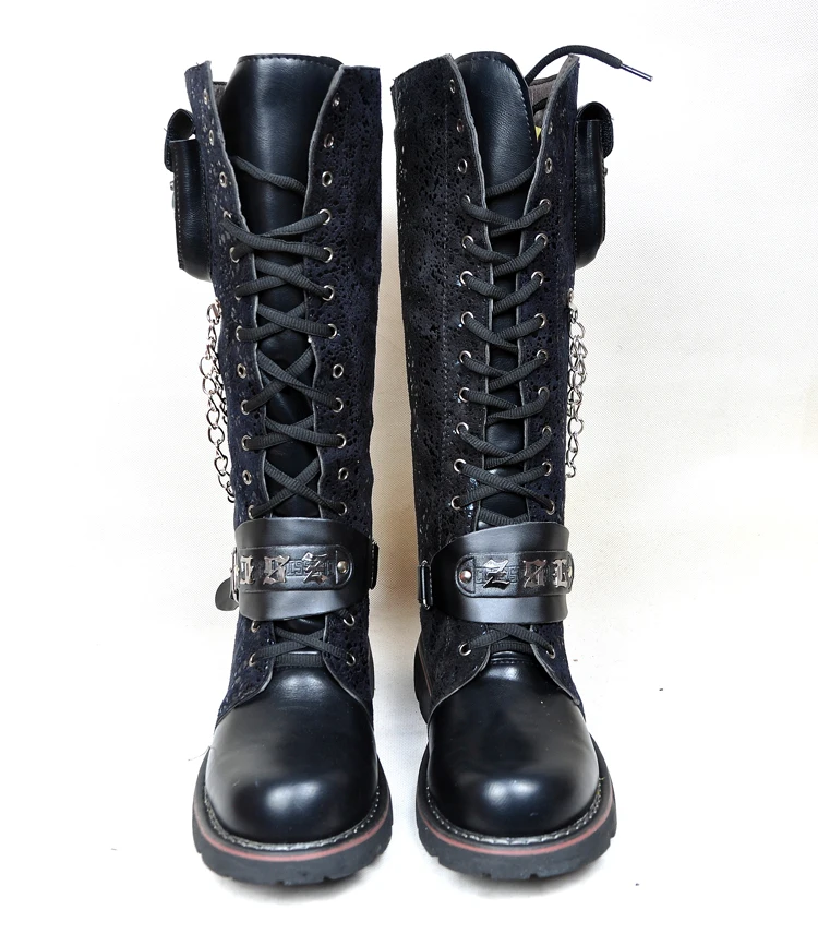 Online Schwarz Armee Gothic Stiefel Männer Militär Kampf Metall Schädel Schnalle Motorrad Punk Hoch Leder herren Schuhe Rock Bota Masculina heißer