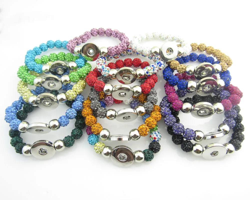 

High quality mix color rhinestone bead snap button bracelet handmade Elastic 18mm snap button bracelet/bangle jewelry 5pcs/lot