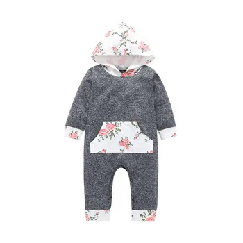 

2018 Autumn Baby Girl Romper Long Sleeve Hooded One Pieces Rompers Floral Pocket Baby Boys Girls Jumpsuits Baby Clothing Fashion