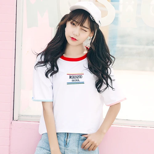 

Letter Embroidered Patckwork Basic All Match Loose White Basic 2019 Summer New Arrival Hot Sale Short Sleeve Female T-shirts