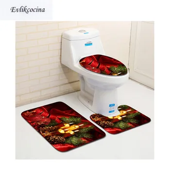 

Free Shipping 3 pcs Christmas Red Ribbon Bath Mats Anti Slip Bathroom Mat Set Tapete Banheiro Washable Toilet Rugs Alfombra Bano