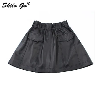 

Leather Skirt Womens Autumn Fashion sheepskin genuine leather Skirt stretch waist A Line high waist front pocket skirt