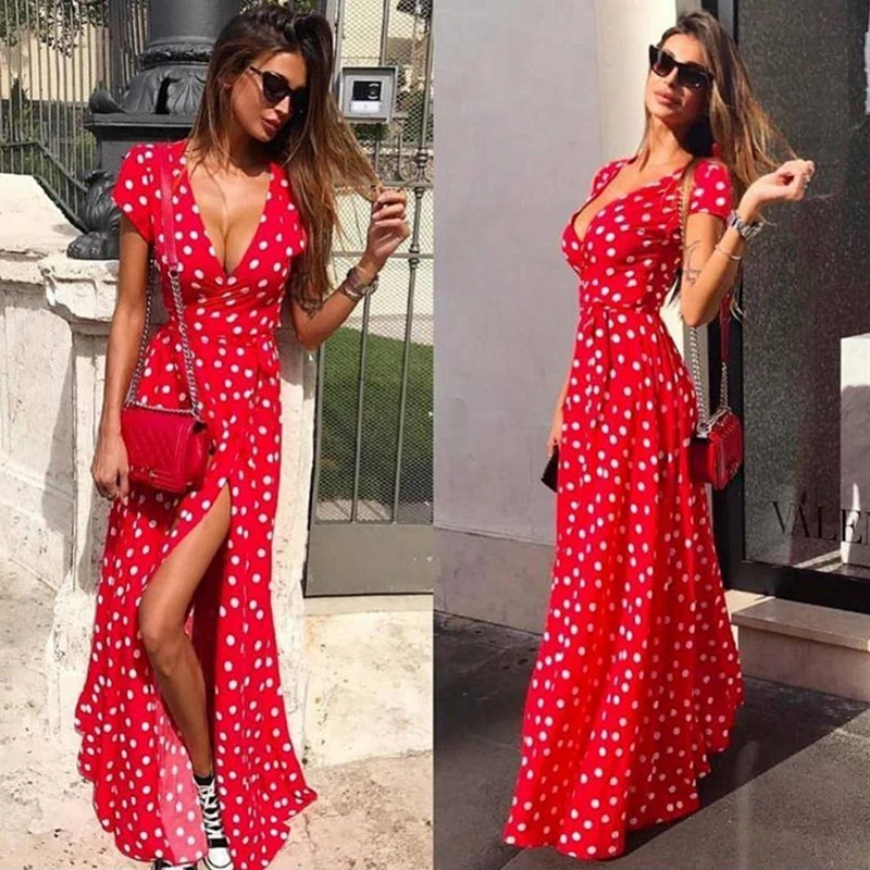 

Women Bohemian Dots Printed Party Dress Short Sleeve V Neck Casual Dress 2019 Summer Fashion Split Women Long Dress