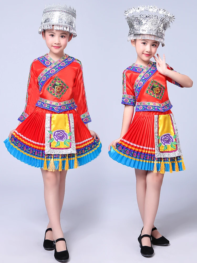 

Chinese Folk Dance Costume Children Hmong Chinese National Traditions Dance Suit Girls Miao Dance Costume Stage Wear Performance