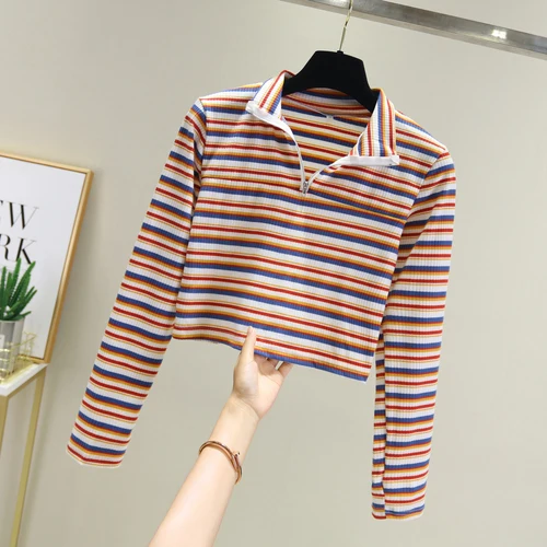 

2019 Autumn Woman Clothes Broadcloth Striped Pullovers Bottom V-neck Streetwear Stripe Sweatshirt Long Sleeve Casual