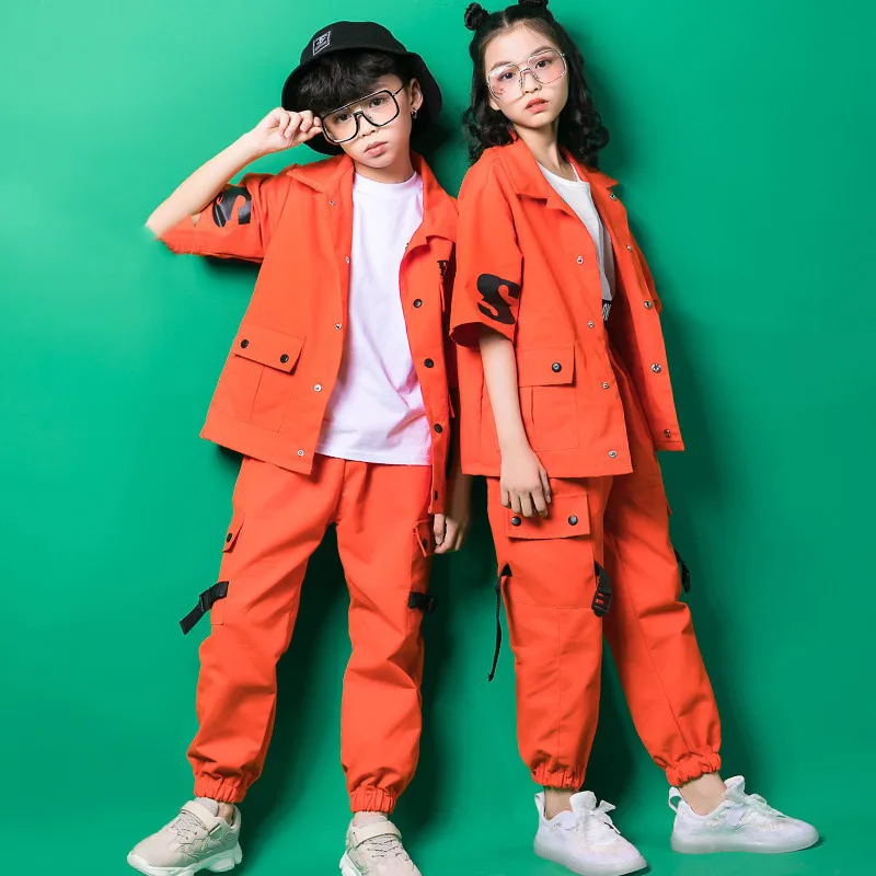 Three-piece Suit Hip Hop Clothing Kids Orange Coat Long Sleeve T-Shirt Clothes Boys Girls Jazz Street Dance Costumes Clothes (6)