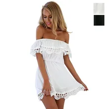 2016 Summer New Brand Casual Fashion Elegant Sexy Loose Slash Neck Lace Black White Women Beach Dress Evening Party Mini Dress