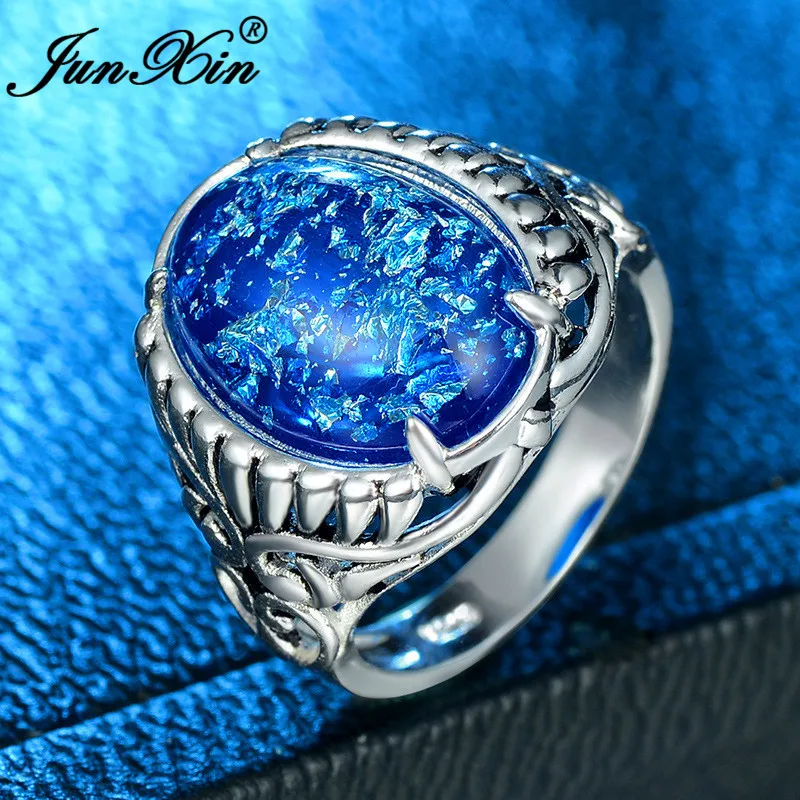 JUNXIN Винтаж Большой Камень океан синий/розовый/фиолетовый огненный опал кольца для мужчин и женщин античный 925 серебро Овальный Радуга мужское кольцо
