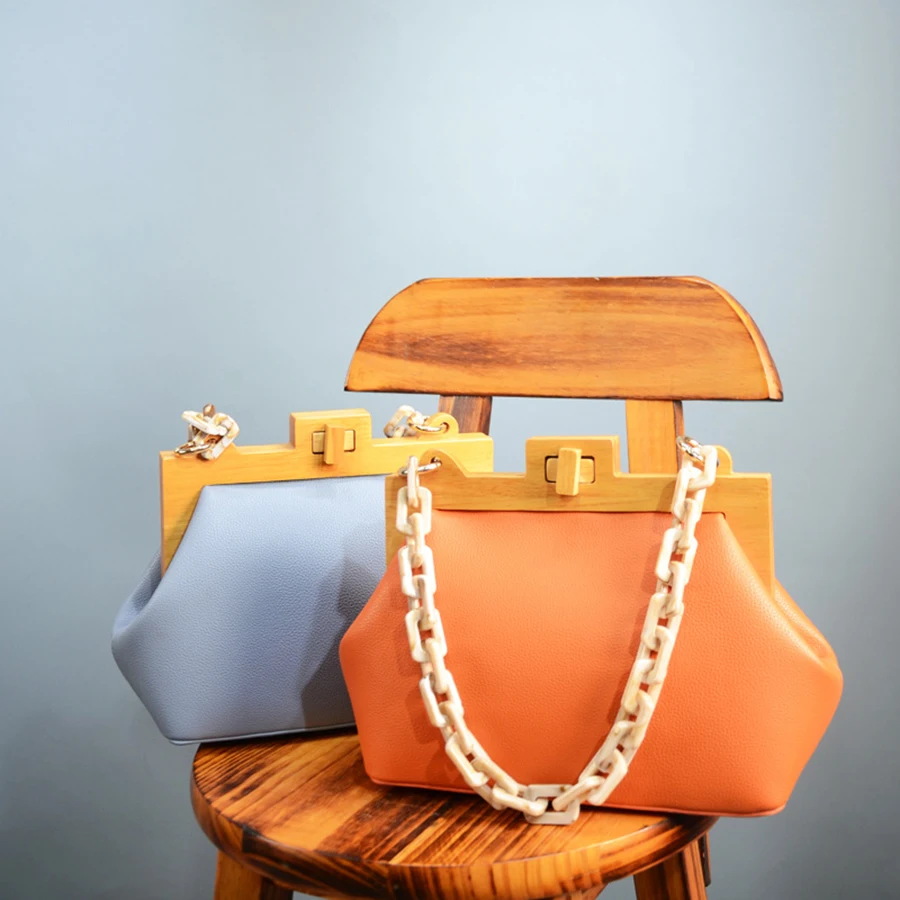 

Fashion Acrylic Chain Handbags Women High Quality Wooden Clip Women Shoulder Bags Luxury Designer Pu Ladies Hand Bags Totes 2019