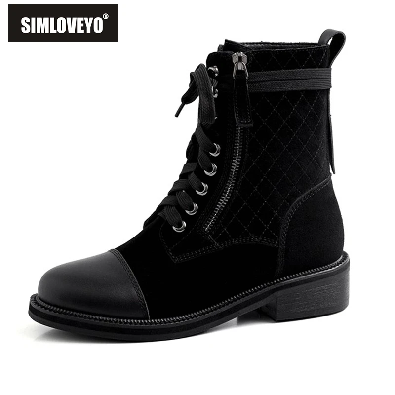 

SIMLOVEYO Ridding boots Genuine leather Lace up Round toe Square heel Zipper Black Ankle boots for women designer Autumn winter