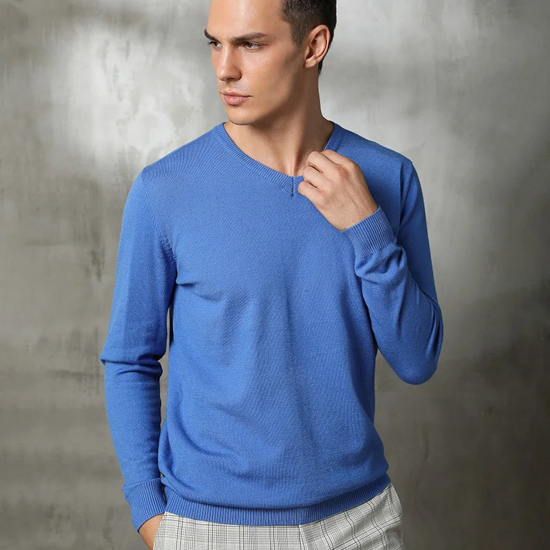 Cashmere Sweater Men Solid Pullover V Neck Long Sleeve