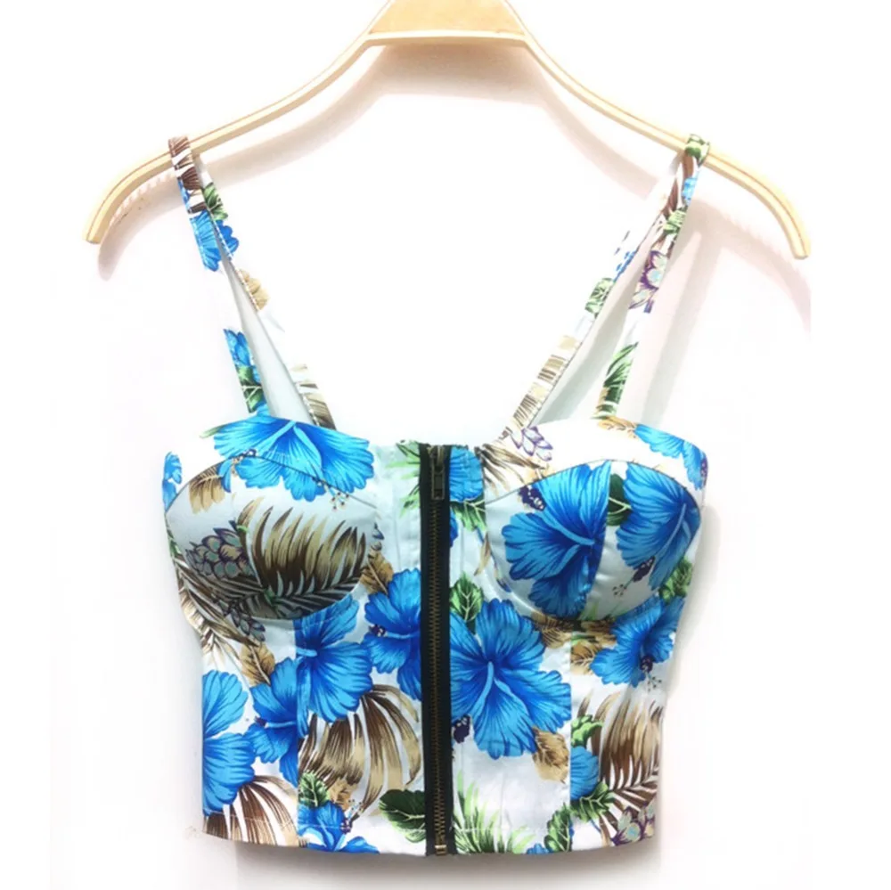 Vintage New Women Sexy Zipper Floral Padded Crop Tops Zipper Party Cami Tank Tops Tops