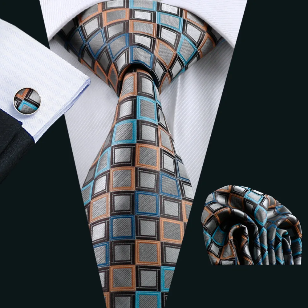 

LS-1101 Mens Tie Brown Novelty 100% Silk Tie Hanky Cufflinks Set For Men Formal Wedding Party Groom Business Free Shipping