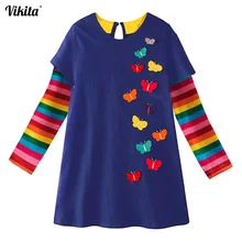 VIKITA Meninas Apliques Vestido 2018 Meninas Primavera Outono Meninas Vestido De Borboleta Trajes De Algodão Listrado Vestidos Roupa Dos Miúdos LH6801