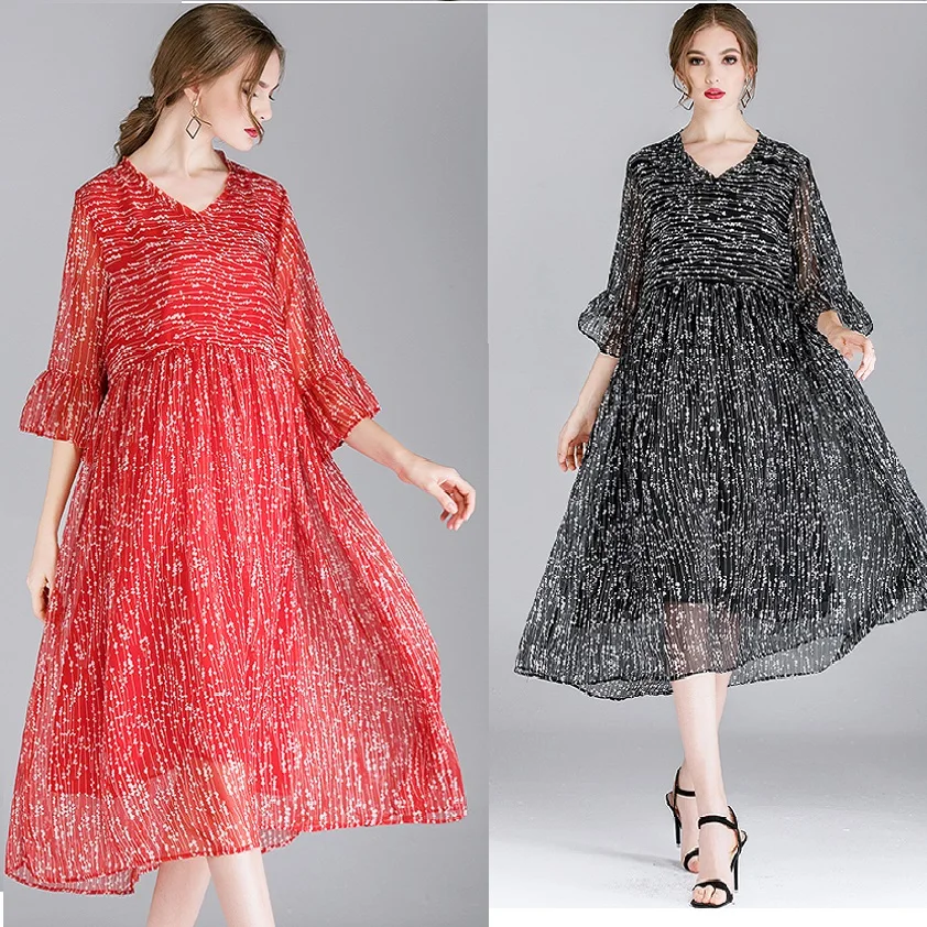 

2019 Spring Summer Ladies Plus Size elegant floral Chiffon Dress V neck flare sleeves empire long party Dress vestidos XL-XXXXL