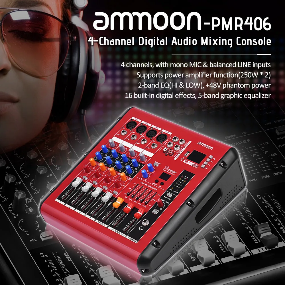 Ammoon PMR406 4-х канальный цифровой аудио смеситель микшерный пульт с Мощность усилитель Функция