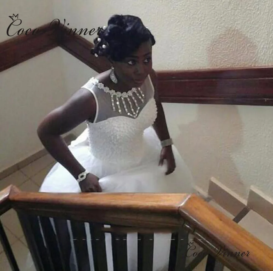 Белое Бальное Платье с круглым вырезом на шнуровке, свадебное платье в африканском стиле,, без рукавов, размер, жемчуг для свадебной одежды, платье для невесты, W0438