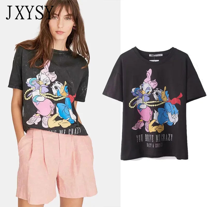 

JXYSY 2019 t-shirt women england style Cartoon Two ducklings Printing character cotton short sleeve woven t shirt women tops
