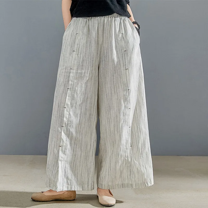 

4 Colors Trendy Long Loose Yarn Dyed Women Cotton Linen Trousers, High Quality Dense Vertcal Stripes Female OL Wide Leg Pants