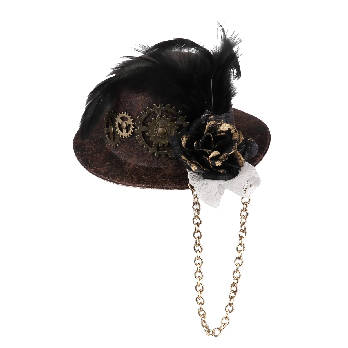 Для женщин и девочек стимпанк мини топ шляпа зажим для волос акцентированные и перья шестерни цепи головные уборы аксессуары для Хэллоуина выпускной вечер вечерние танцы - Color: Brown