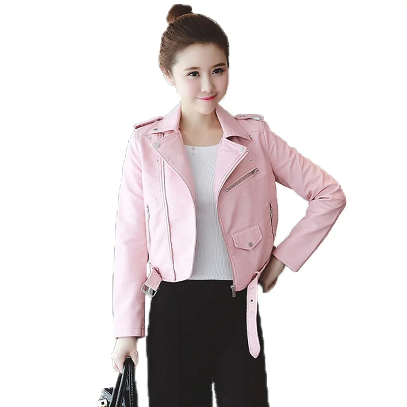 

New Fashion Brand Autumn Winter Pink Blue Women Leather Jackets Soft Pu Faux Leather Coats Slim Short Design Motorcycle Outwear