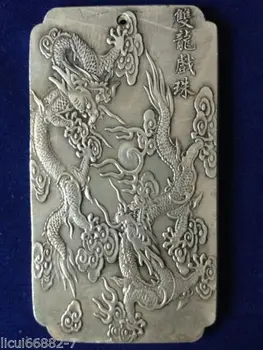 

Chinese Tibet Silver Two Dragons Play Bead Bullion Thanka Amulet Thangka