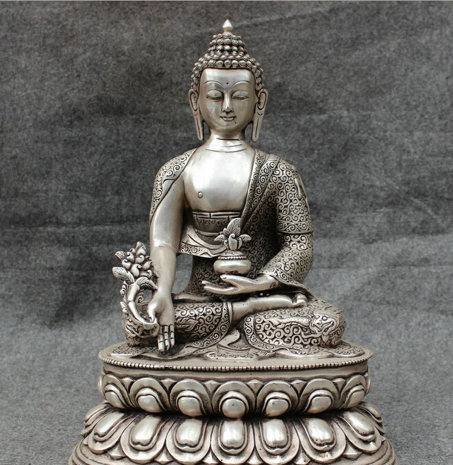 

14" Tibet Silver Buddhist Auspicious Dragon Medicine Buddha Shakyamuni Statue