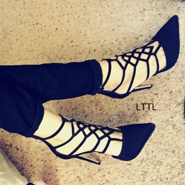 

Stylish Black Suede Pointy High Heels Special Geometric Pattern Cut-out Stiletto Heel Pumps Versatile Dress Shoes New Arrival
