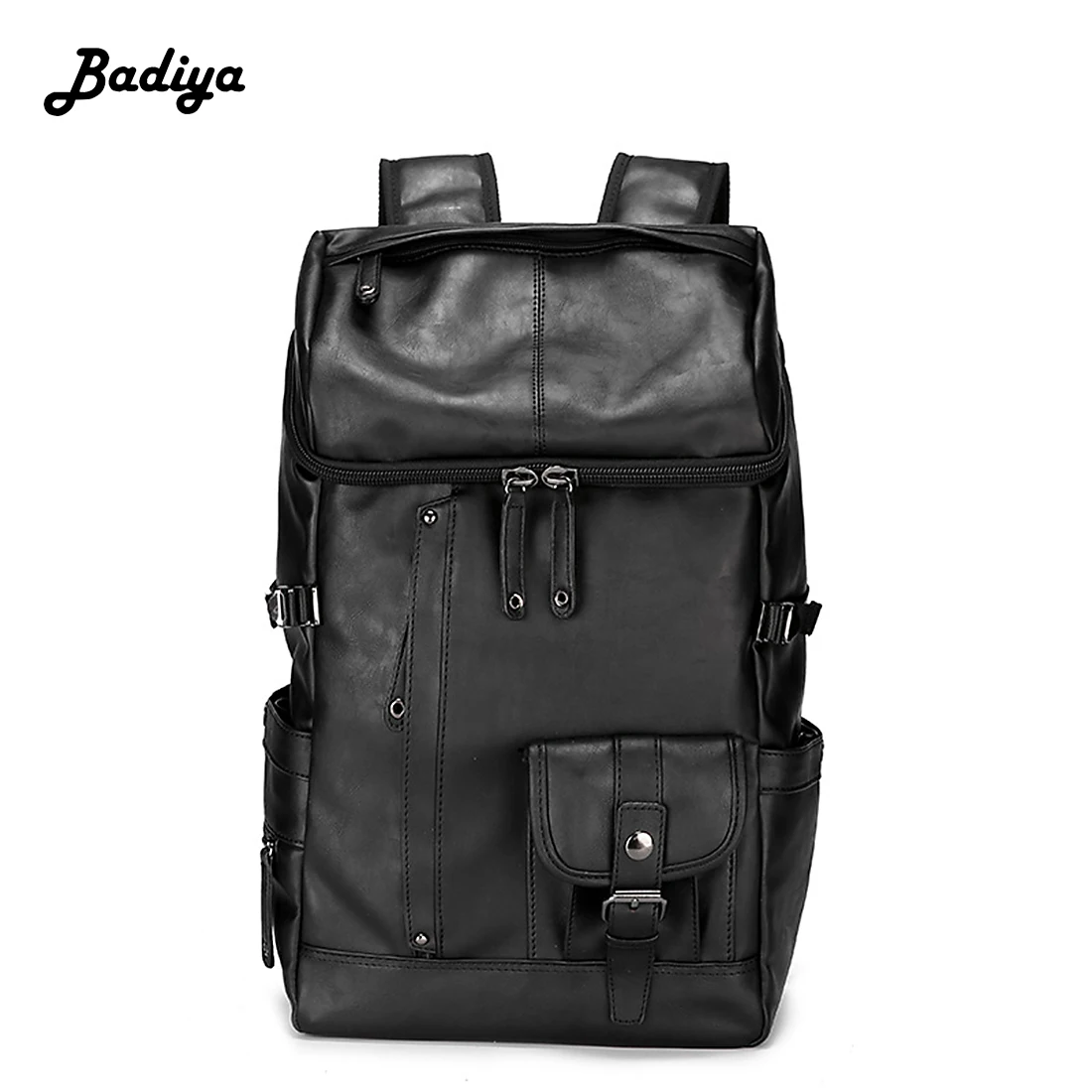 

Multifunction PU Leather Large Capacity Travel Backpack for Men Solid Black Cool Leather School Bag PC Bag