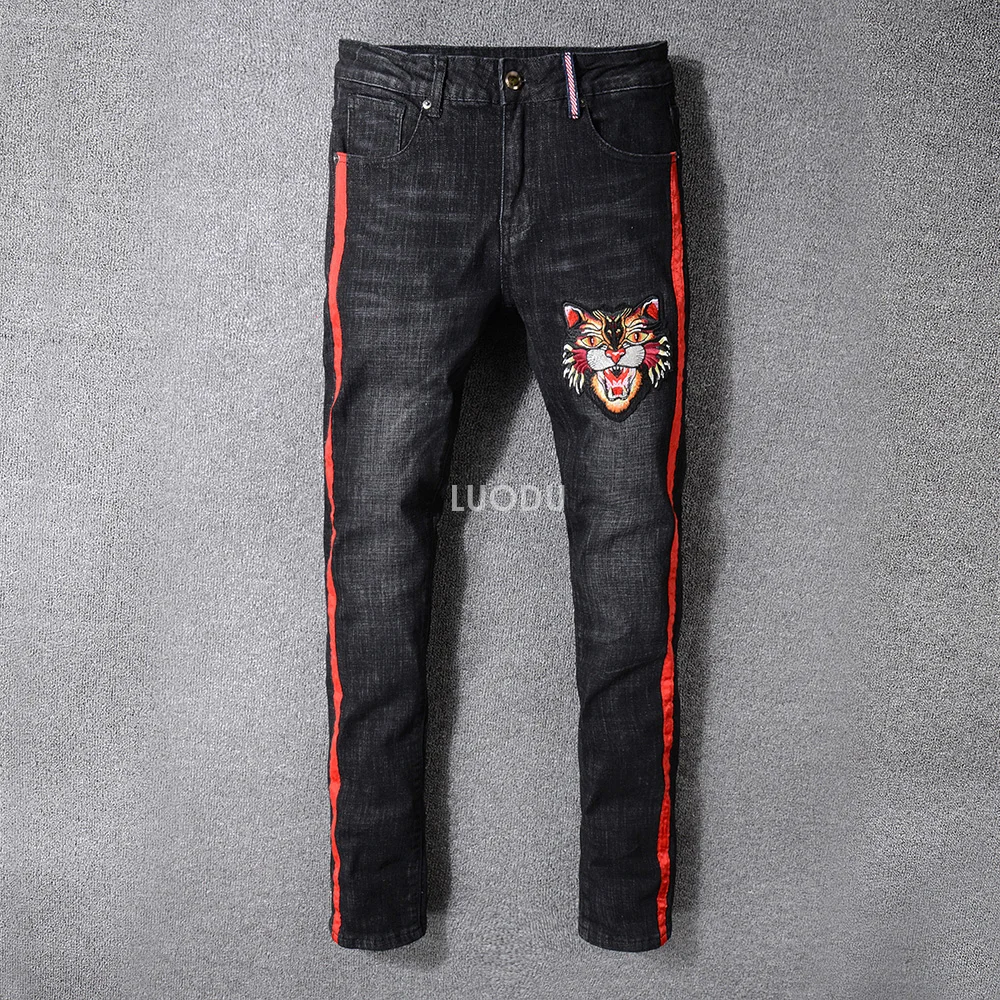 New Italy Style #3302# Men's Distressed Tiger Embroidered Pants Red ...