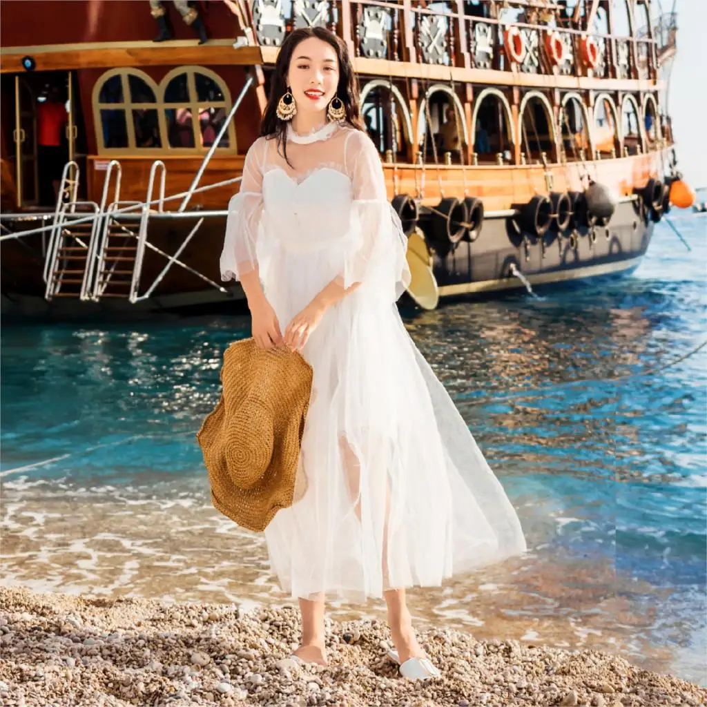 

New white mesh lace Bali Thai holiday dress Wedding Secret Evening Party Maxi Elegant White Striped Long Women dresses