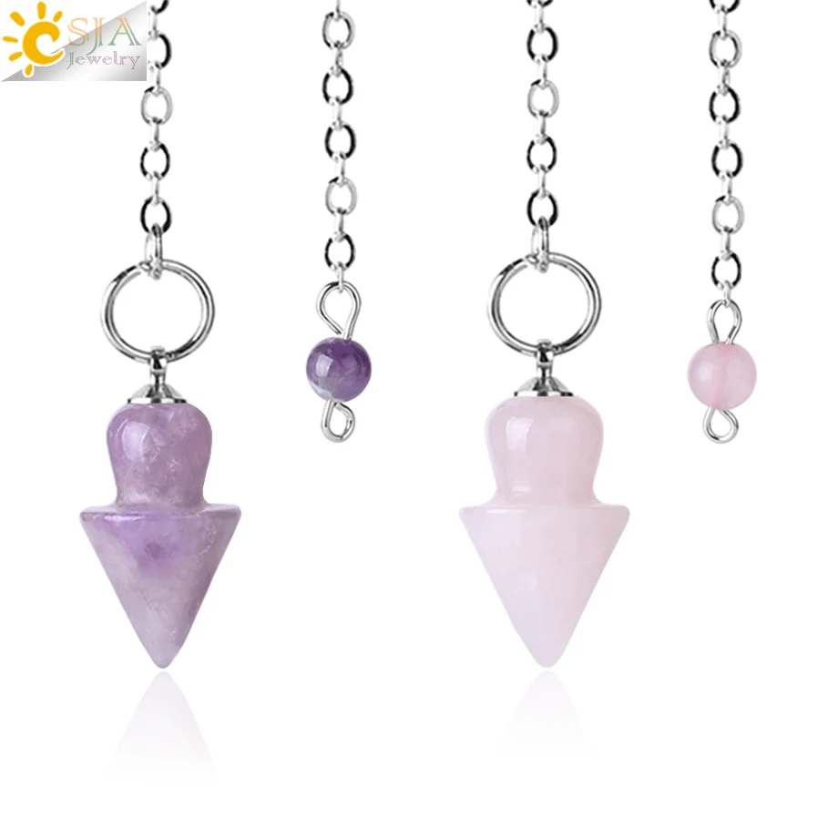 

CSJA Pink Quartz Tiger Eye Pendulum Cone Natural Stone Taper Pendant with Chain Dowsing Healing Jewelry for Women Men F376