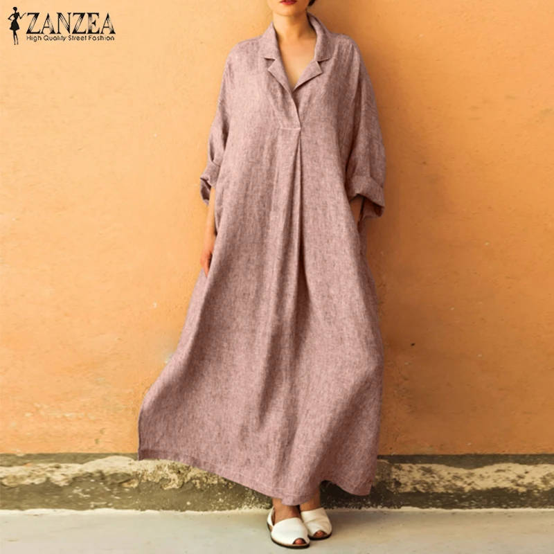 

ZANZEA 2019 Autumn Fashion Casual Solid Party Maxi Vestidos Women Elegant Lapel Long Sleeve Work Office Loose Long Shirt Dress
