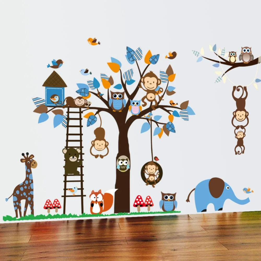 

Owl Monkey Squirrel Giraffe Tree Tree Wall Stickers Nursery Children's Room Cartoon Removable Mural Vinyl Art Home Decor Sticker