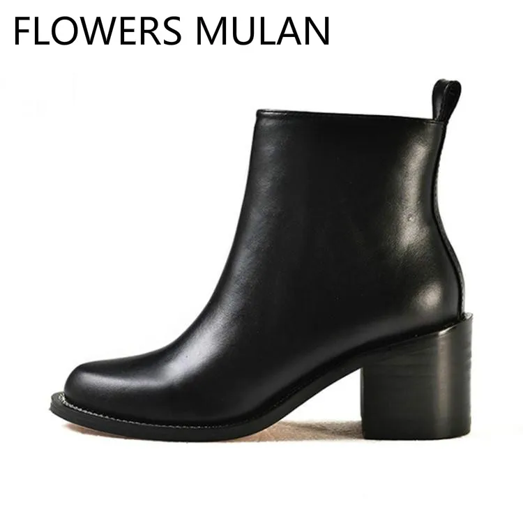 

Handmade High Quality Black Leather Ankle Boots For Women Round Toe Chunky Heel Lady Botas Side Zip Back Riband Shoes Woman Girl