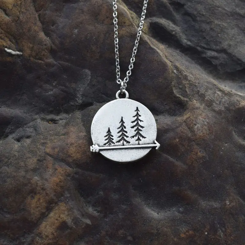 Three Pine Tree Necklace Nature Forest Pine Adventure Awaits Hiking Gift For Her Outdoors Womens Pendant Necklaces 1pcs